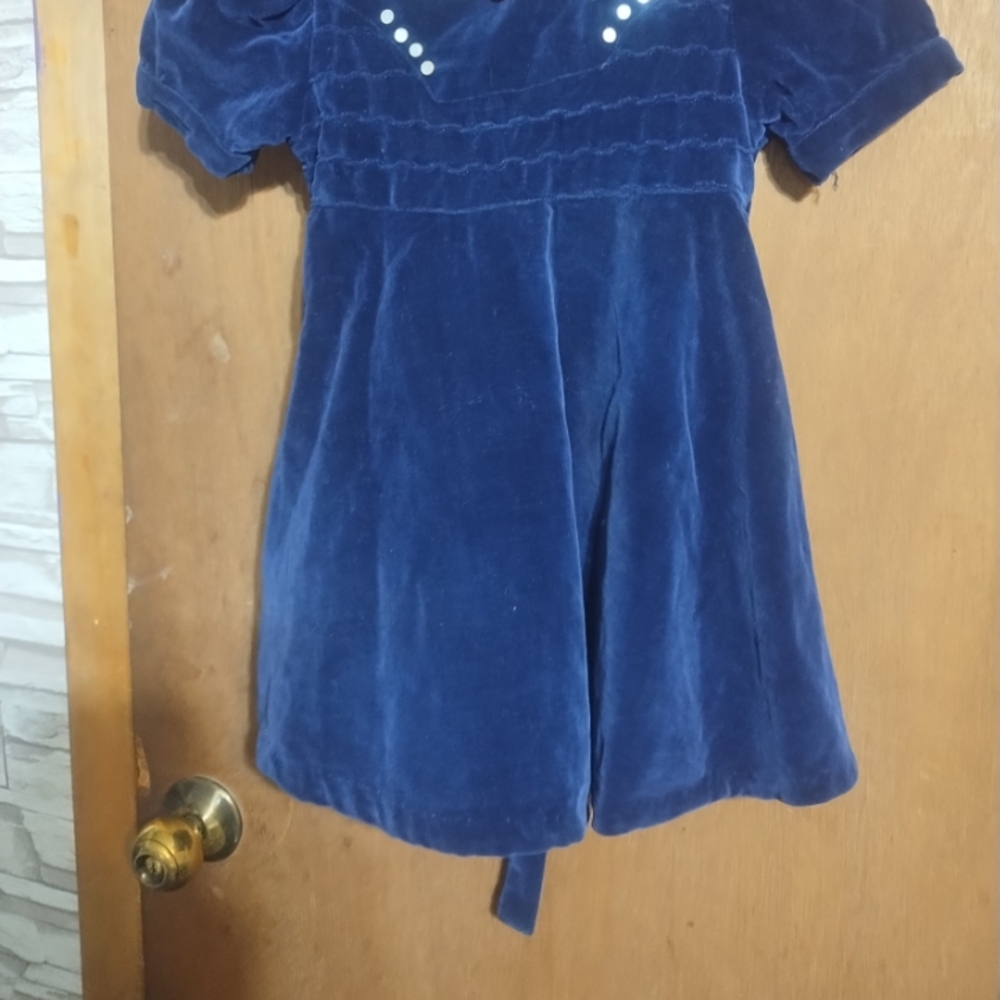 Blue Velvet Dress with Pearl Accents